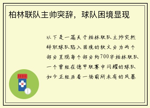 柏林联队主帅突辞，球队困境显现