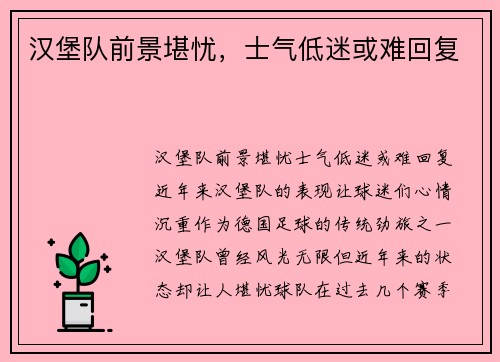 汉堡队前景堪忧，士气低迷或难回复